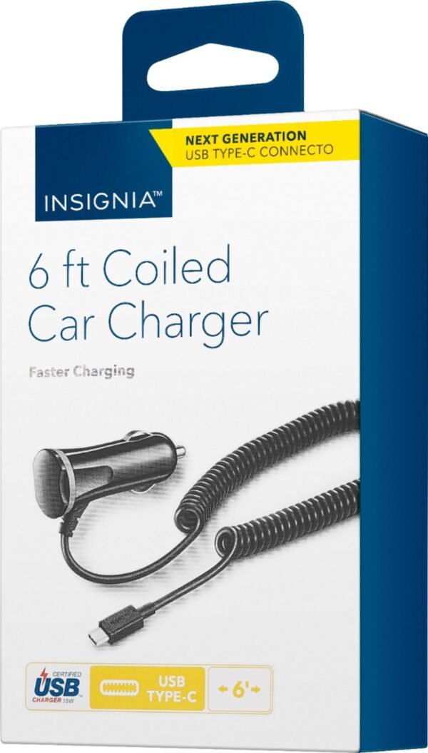 Insignia™ - 15W USB-C Port Vehicle Charger with 6ft coiled cable - Black