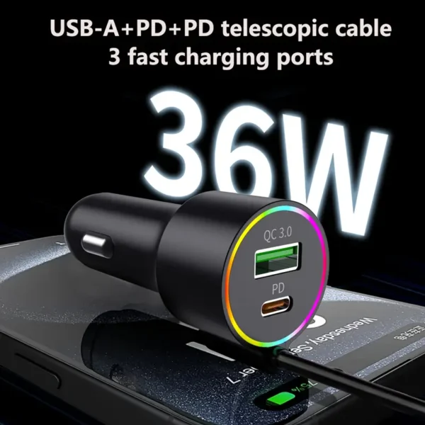 3-In-1 Car Charger with Ambient Light And High Power